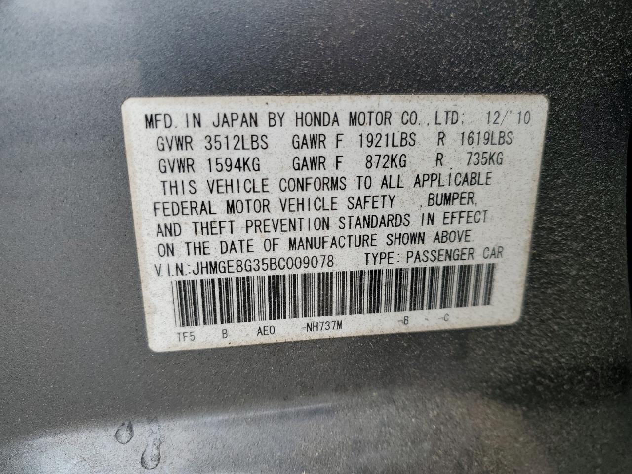 2011 Honda Fit VIN: JHMGE8G35BC009078 Lot: 66915995