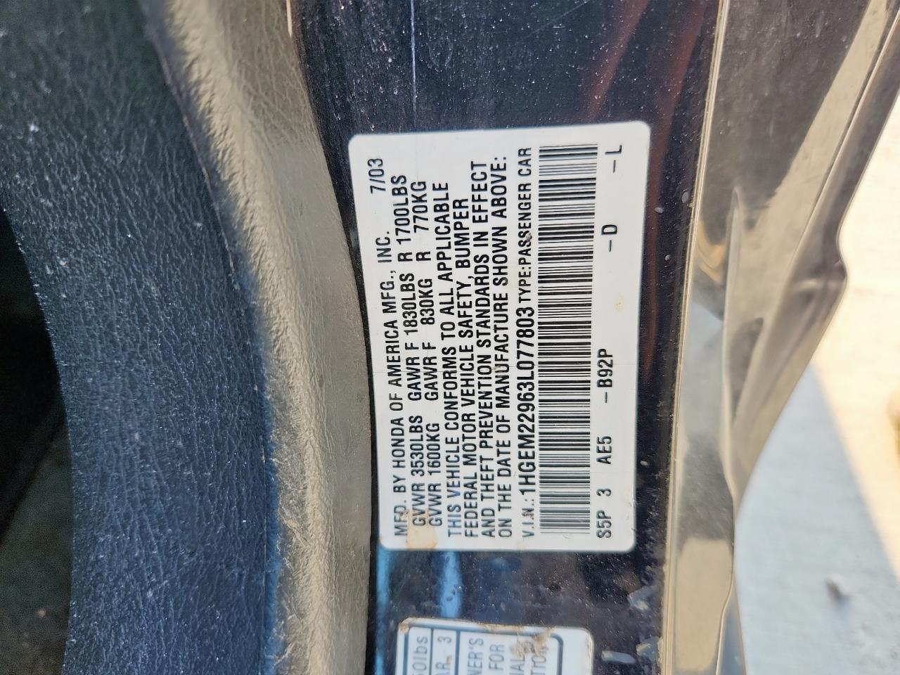 2003 Honda Civic Ex VIN: 1HGEM22963L077803 Lot: 67736505