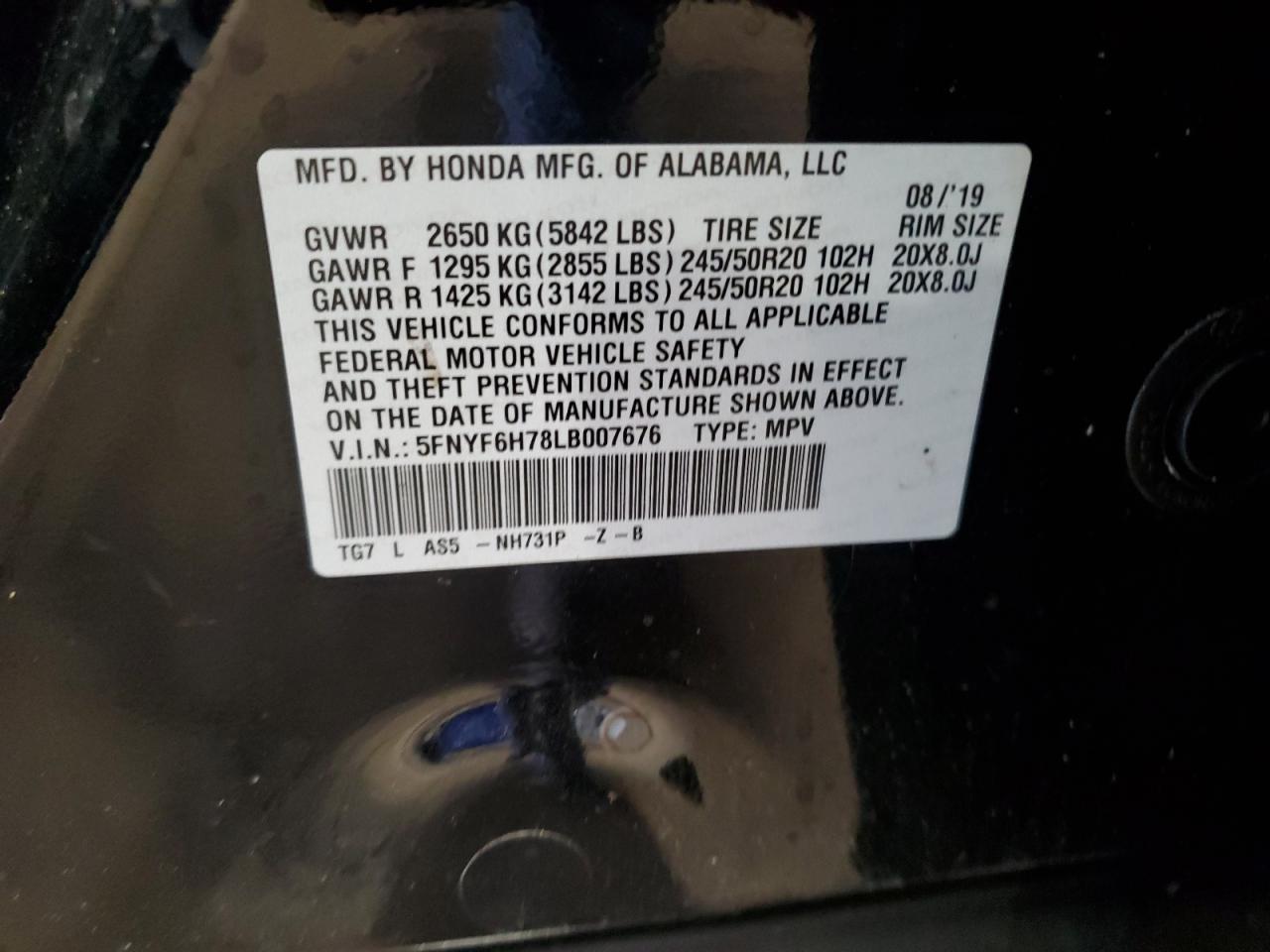 2020 Honda Pilot Black VIN: 5FNYF6H78LB007676 Lot: 70227135