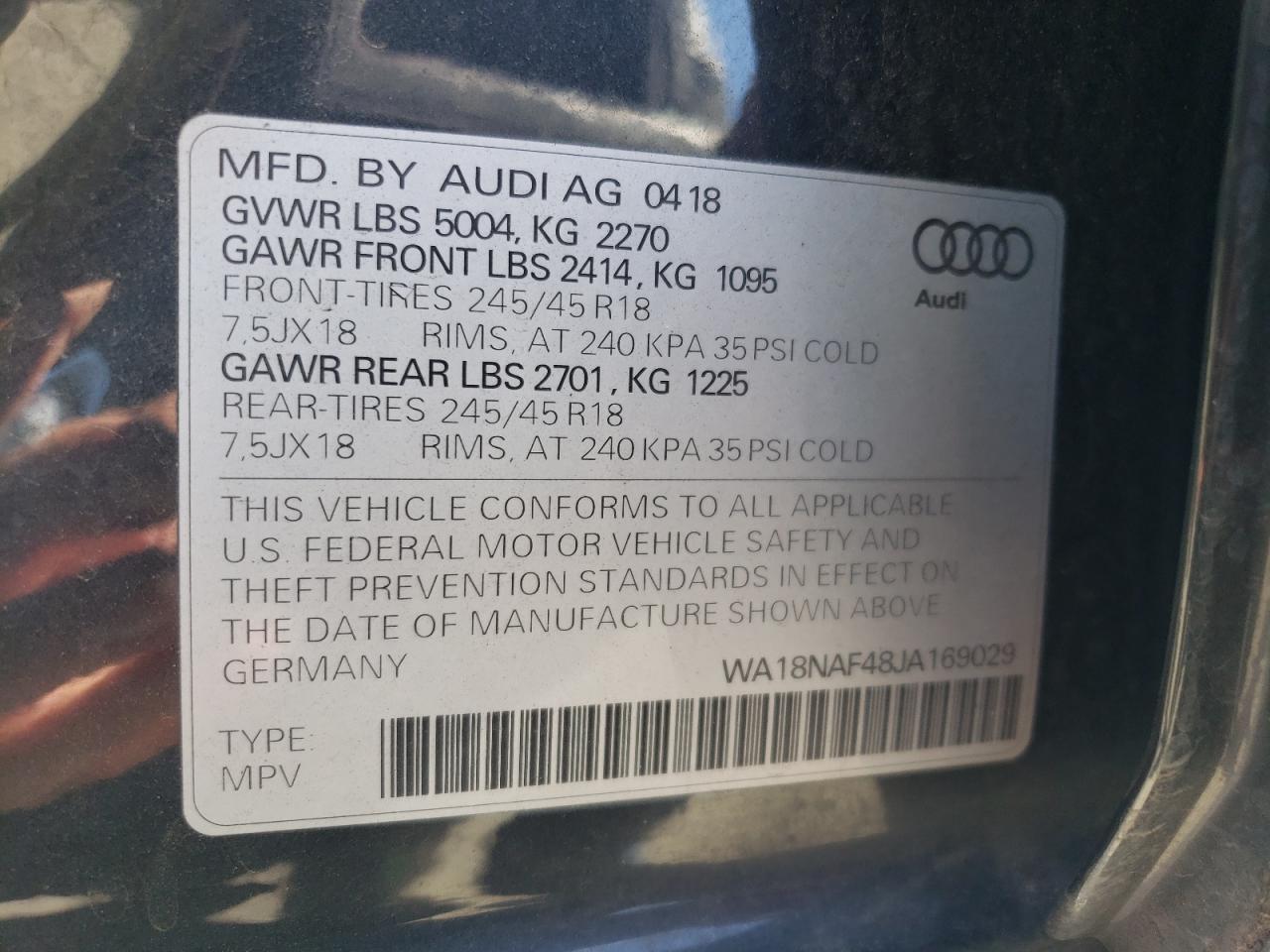 2018 Audi A4 Allroad Premium Plus VIN: WA18NAF48JA169029 Lot: 69698655