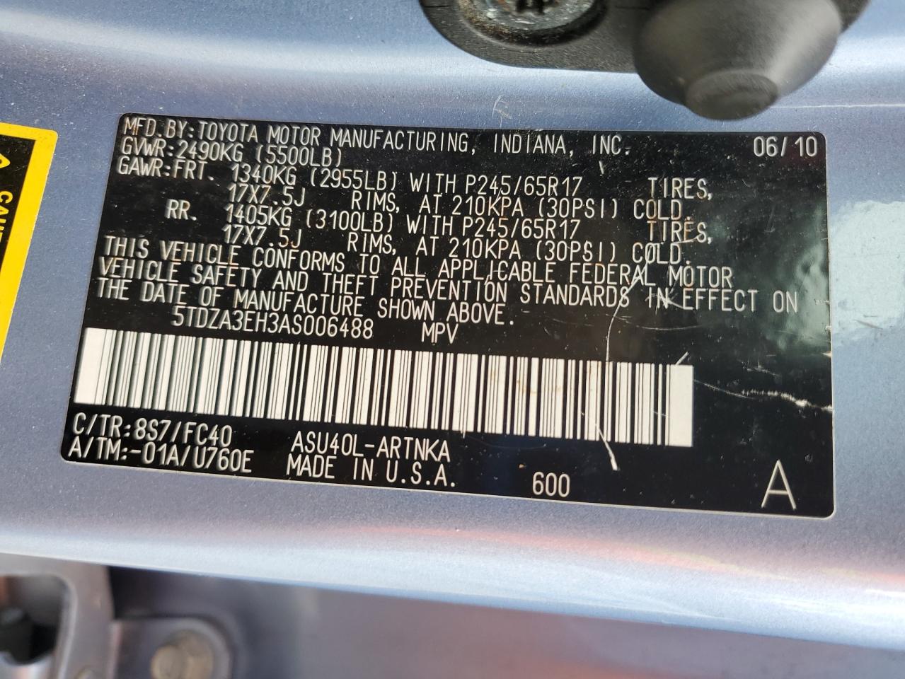 2010 Toyota Highlander VIN: 5TDZA3EH3AS006488 Lot: 67570795
