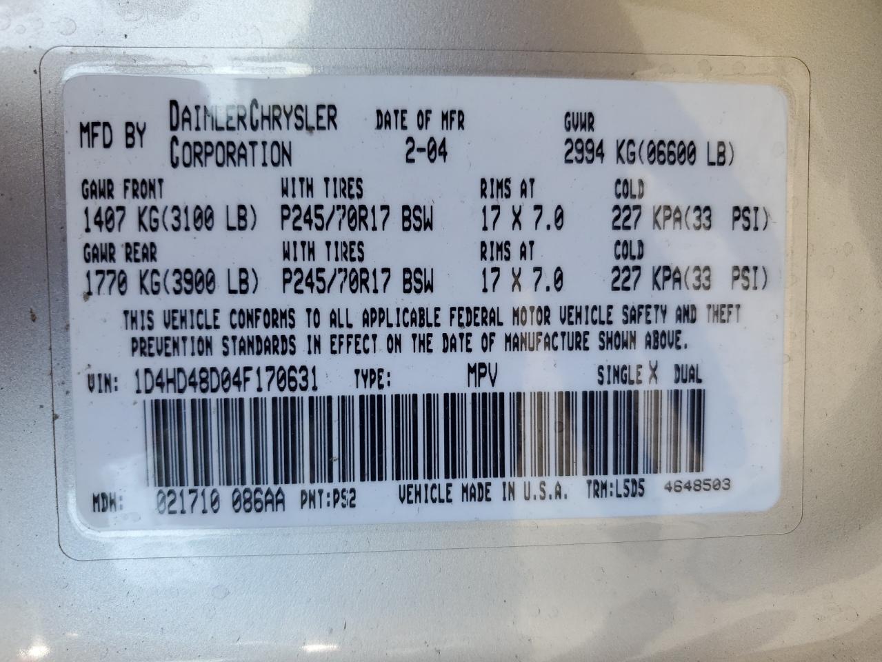 2004 Dodge Durango Slt VIN: 1D4HD48D04F170631 Lot: 70356305