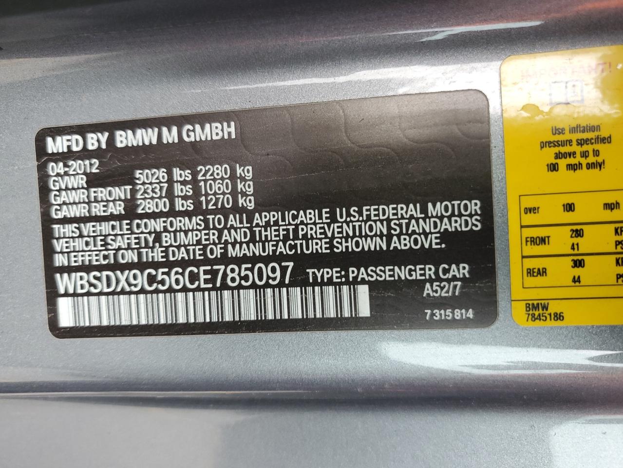 2012 BMW M3 VIN: WBSDX9C56CE785097 Lot: 70887505