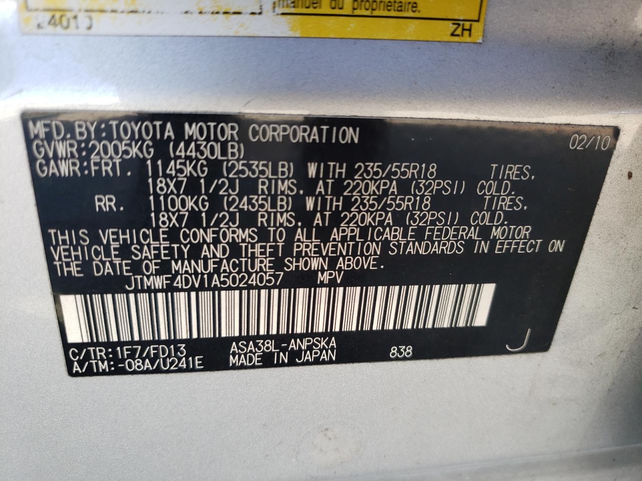 2010 Toyota Rav4 Sport VIN: JTMWF4DV1A5024057 Lot: 70387705