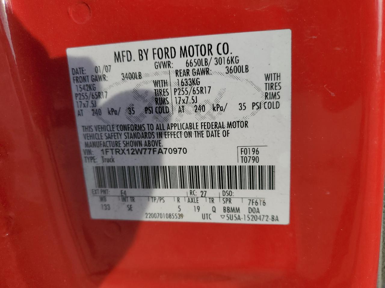 2007 Ford F150 VIN: 1FTRX12W77FA70970 Lot: 70527055