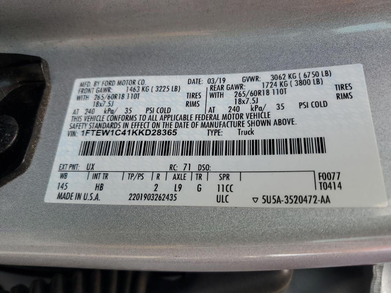 2019 Ford F150 Supercrew VIN: 1FTEW1C41KKD28365 Lot: 71242835