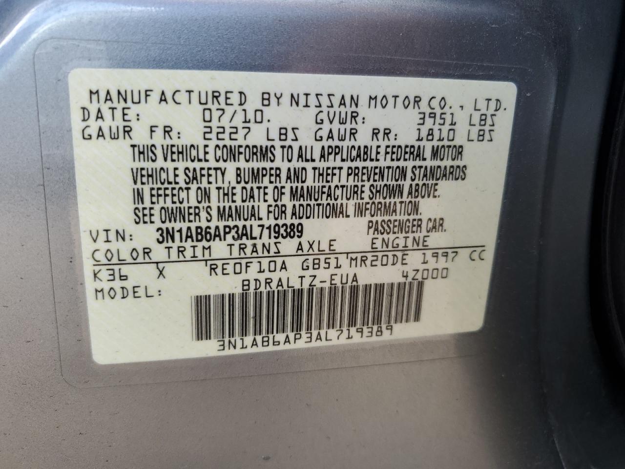 2010 Nissan Sentra 2.0 VIN: 3N1AB6AP3AL719389 Lot: 70280015