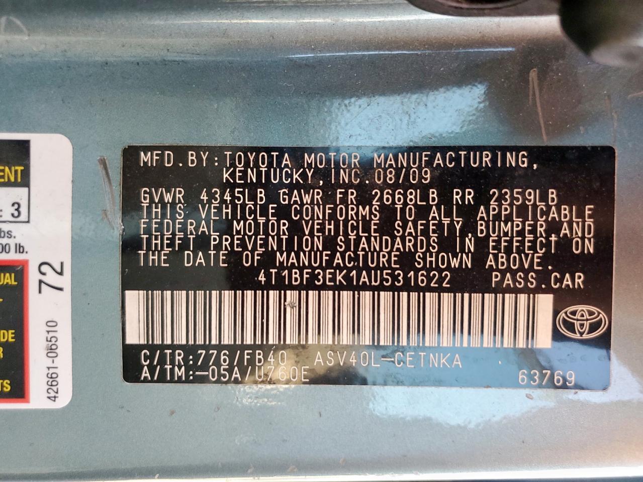 2010 Toyota Camry Base VIN: 4T1BF3EK1AU531622 Lot: 69760325