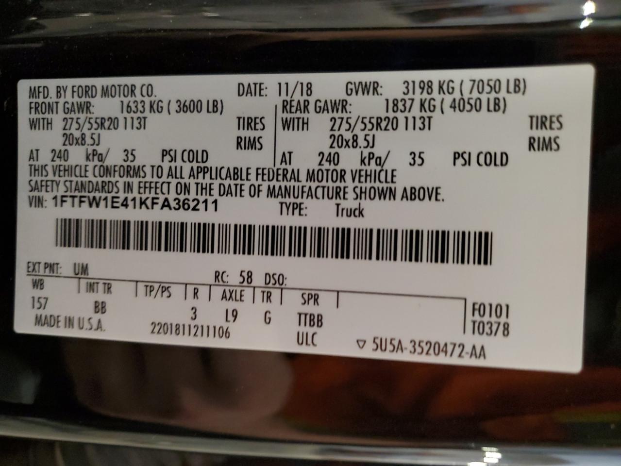 2019 Ford F150 Supercrew VIN: 1FTFW1E41KFA36211 Lot: 70542685