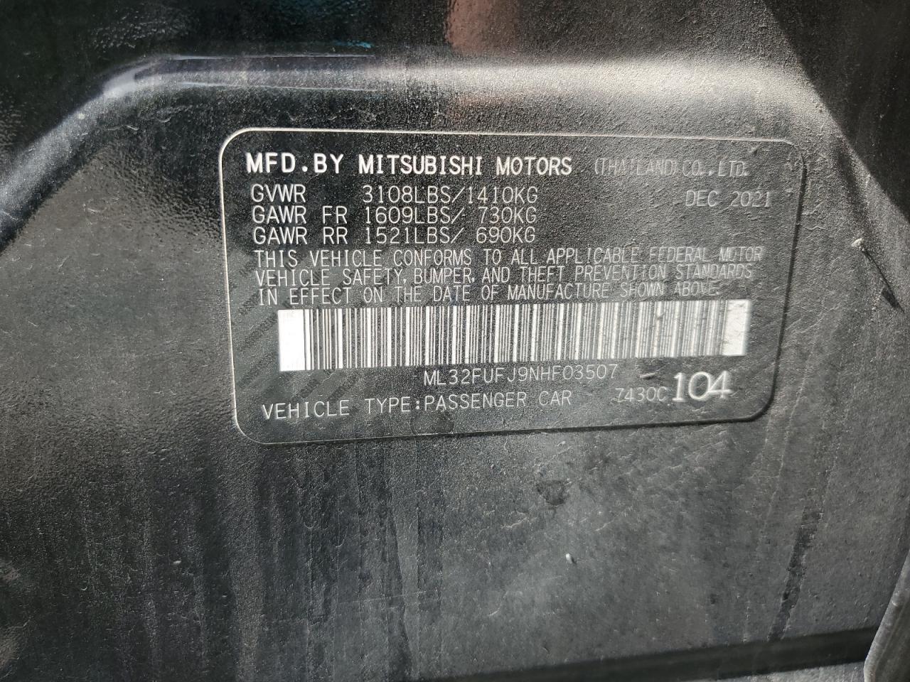 2022 Mitsubishi Mirage G4 Es VIN: ML32FUFJ9NHF03507 Lot: 70446485