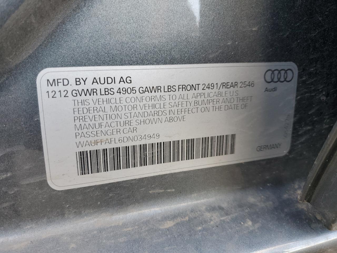 2013 Audi A4 Premium Plus VIN: WAUFFAFL6DN034949 Lot: 67302655