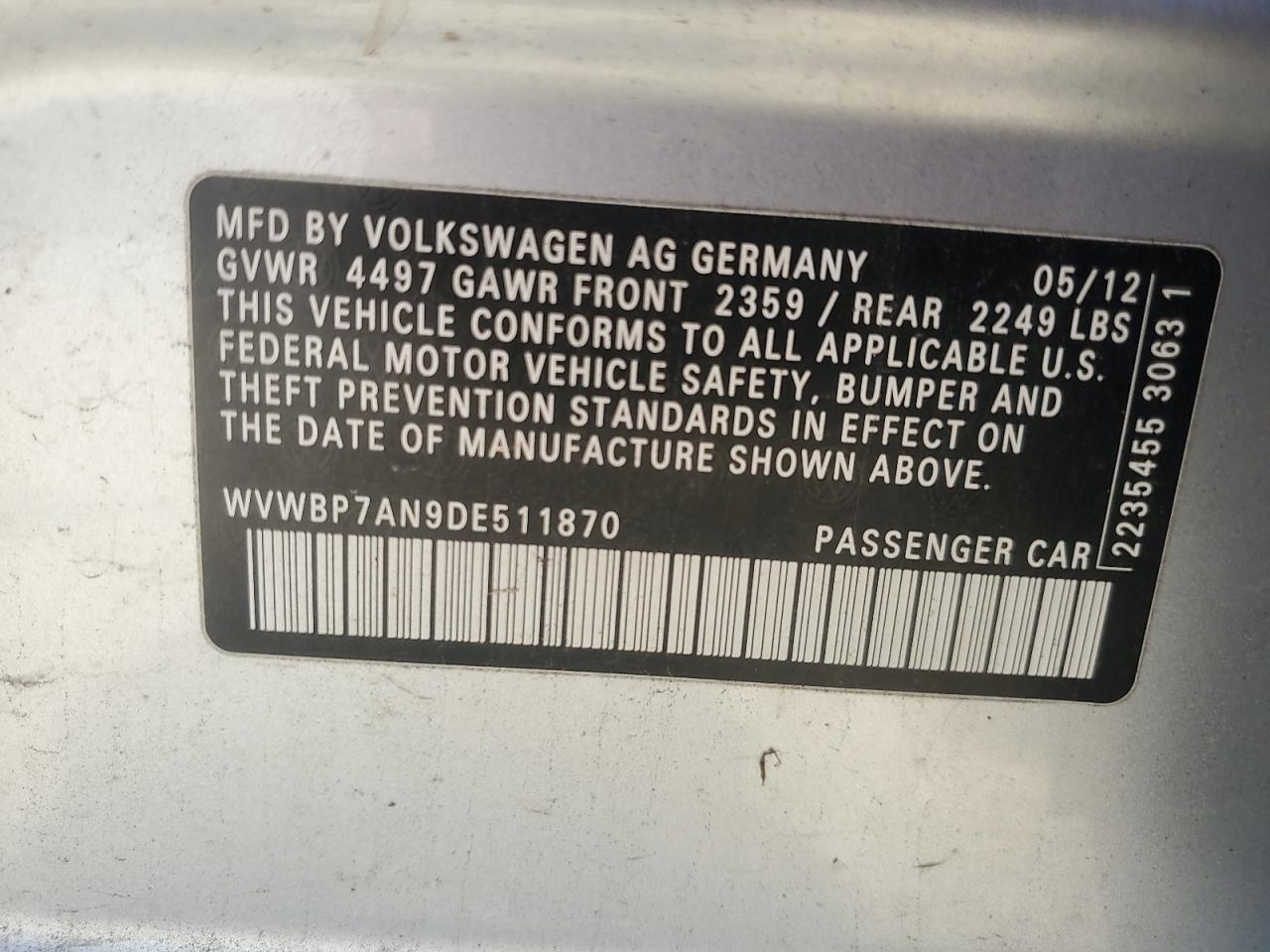 2013 Volkswagen Cc Sport VIN: WVWBP7AN9DE511870 Lot: 68433495