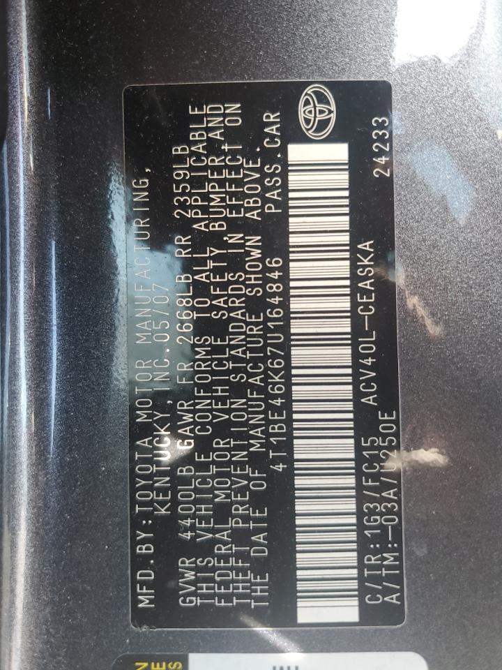 2007 Toyota Camry Ce VIN: 4T1BE46K67U164846 Lot: 69555365