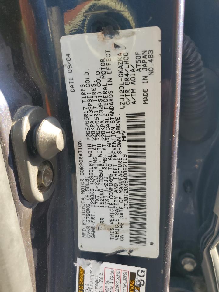 2004 Lexus Gx 470 VIN: JTJBT20X940062119 Lot: 69039855