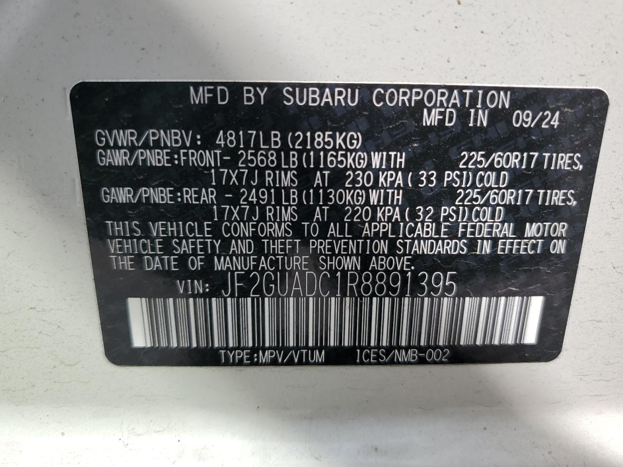 2024 Subaru Crosstrek Premium VIN: JF2GUADC1R8891395 Lot: 69034495