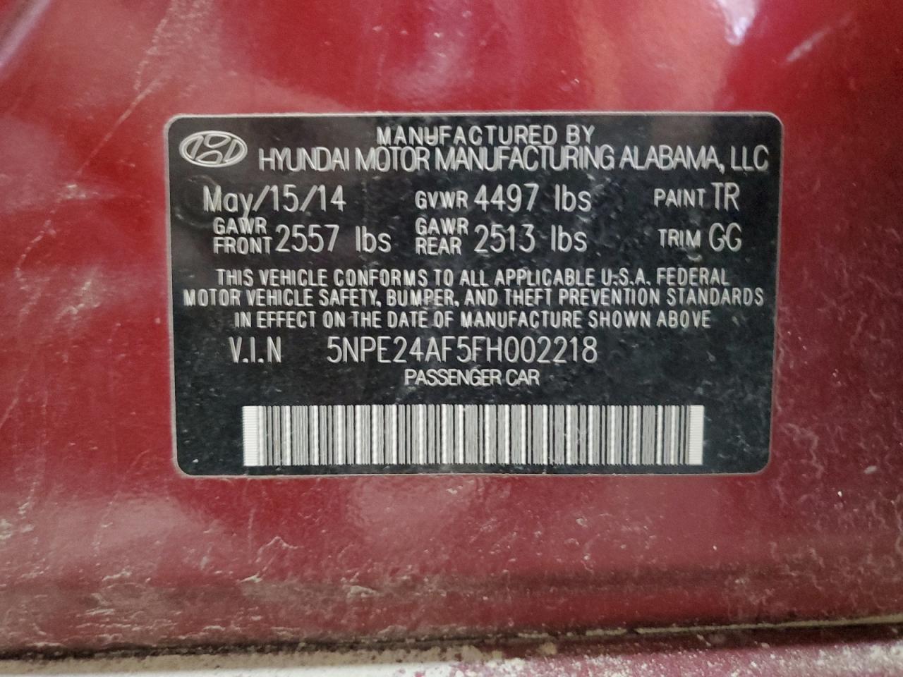 2015 Hyundai Sonata Se VIN: 5NPE24AF5FH002218 Lot: 66653875