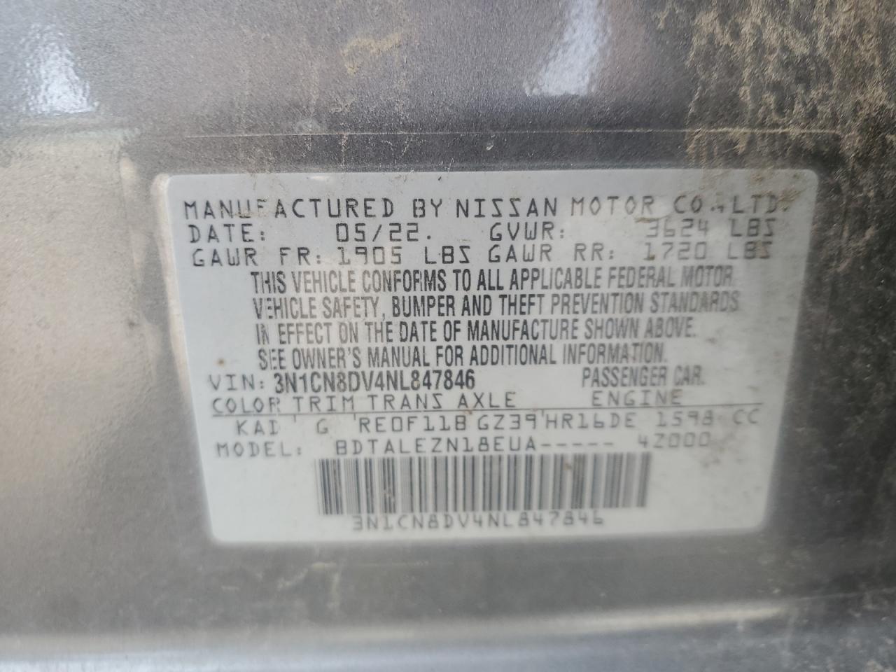 2022 Nissan Versa S VIN: 3N1CN8DV4NL847846 Lot: 69170025