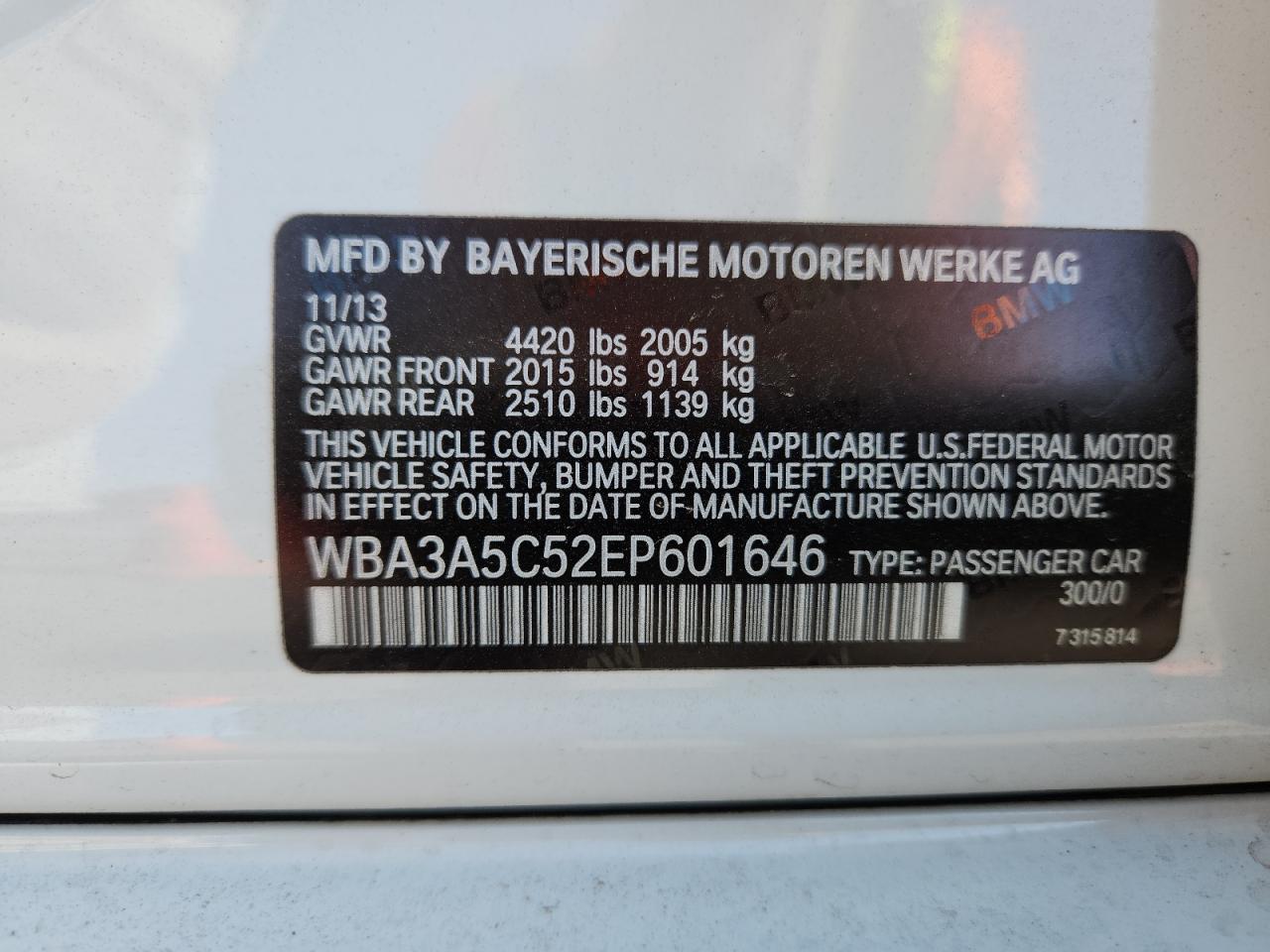 2014 BMW 328 I VIN: WBA3A5C52EP601646 Lot: 69878655