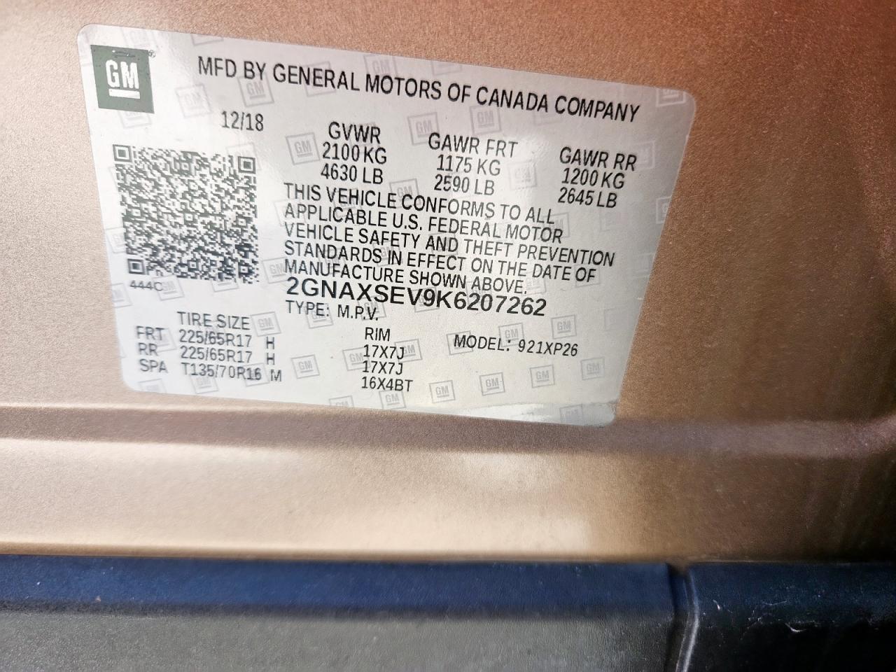 2019 Chevrolet Equinox Ls VIN: 2GNAXSEV9K6207262 Lot: 69378995