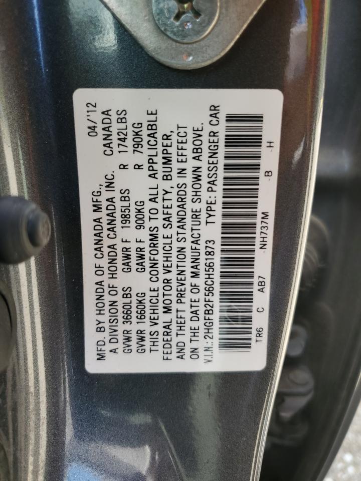2012 Honda Civic Lx VIN: 2HGFB2F56CH561873 Lot: 70581545