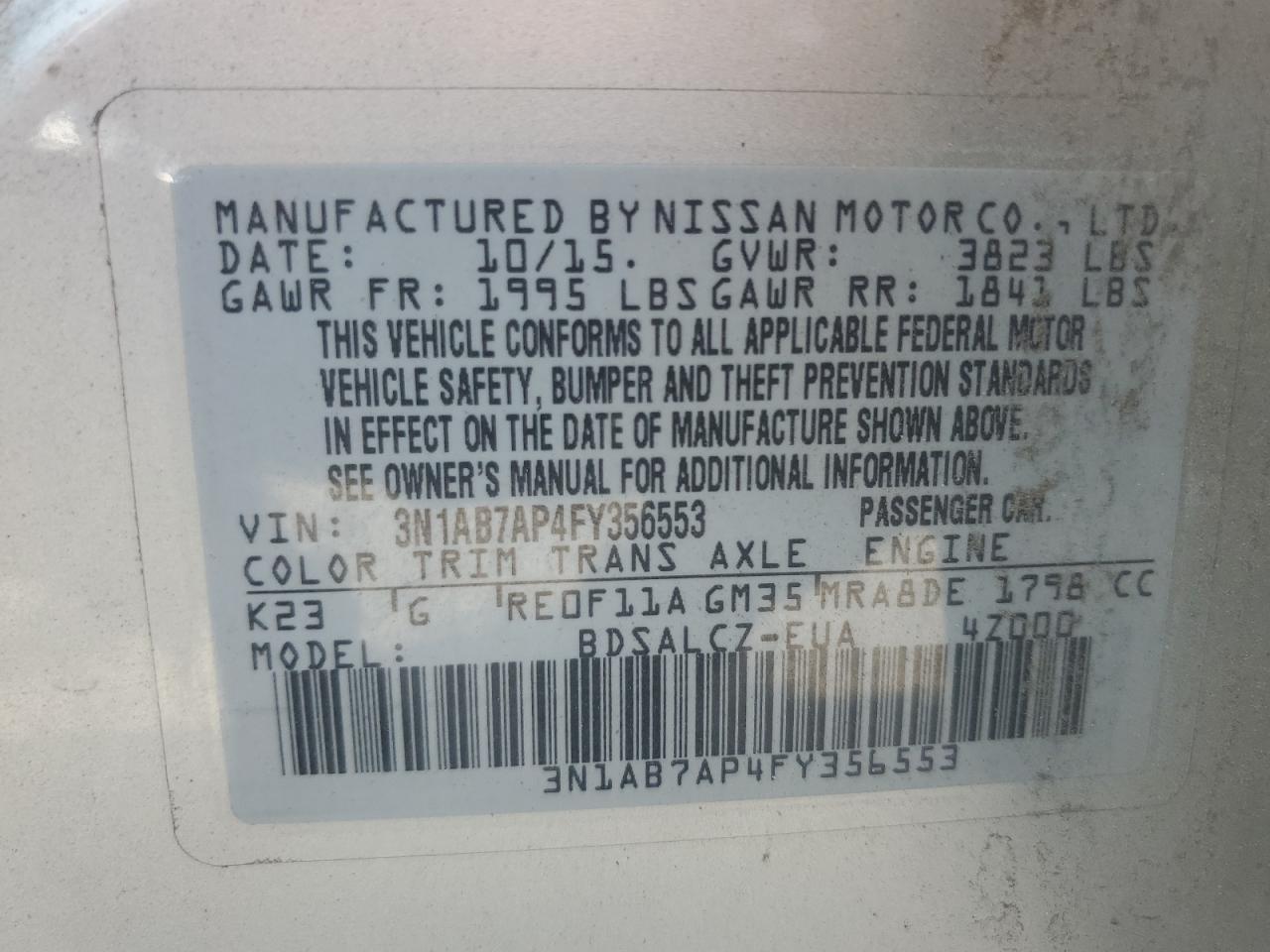 2015 Nissan Sentra S VIN: 3N1AB7AP4FY356553 Lot: 67678025