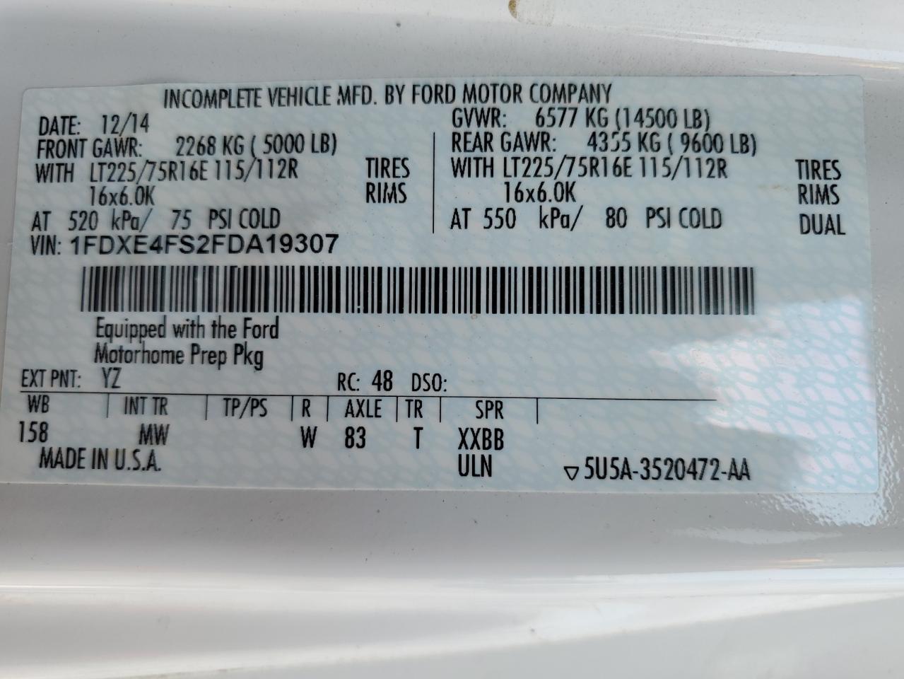 2015 Ford Econoline E450 Super Duty Cutaway Van VIN: 1FDXE4FS2FDA19307 Lot: 68378275