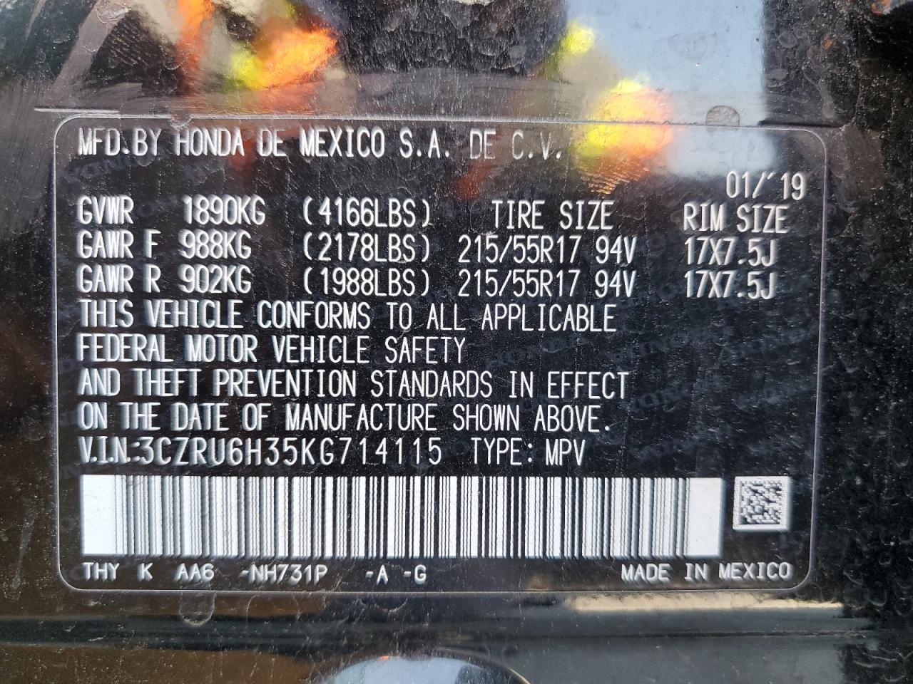 2019 Honda Hr-V Lx VIN: 3CZRU6H35KG714115 Lot: 65703195