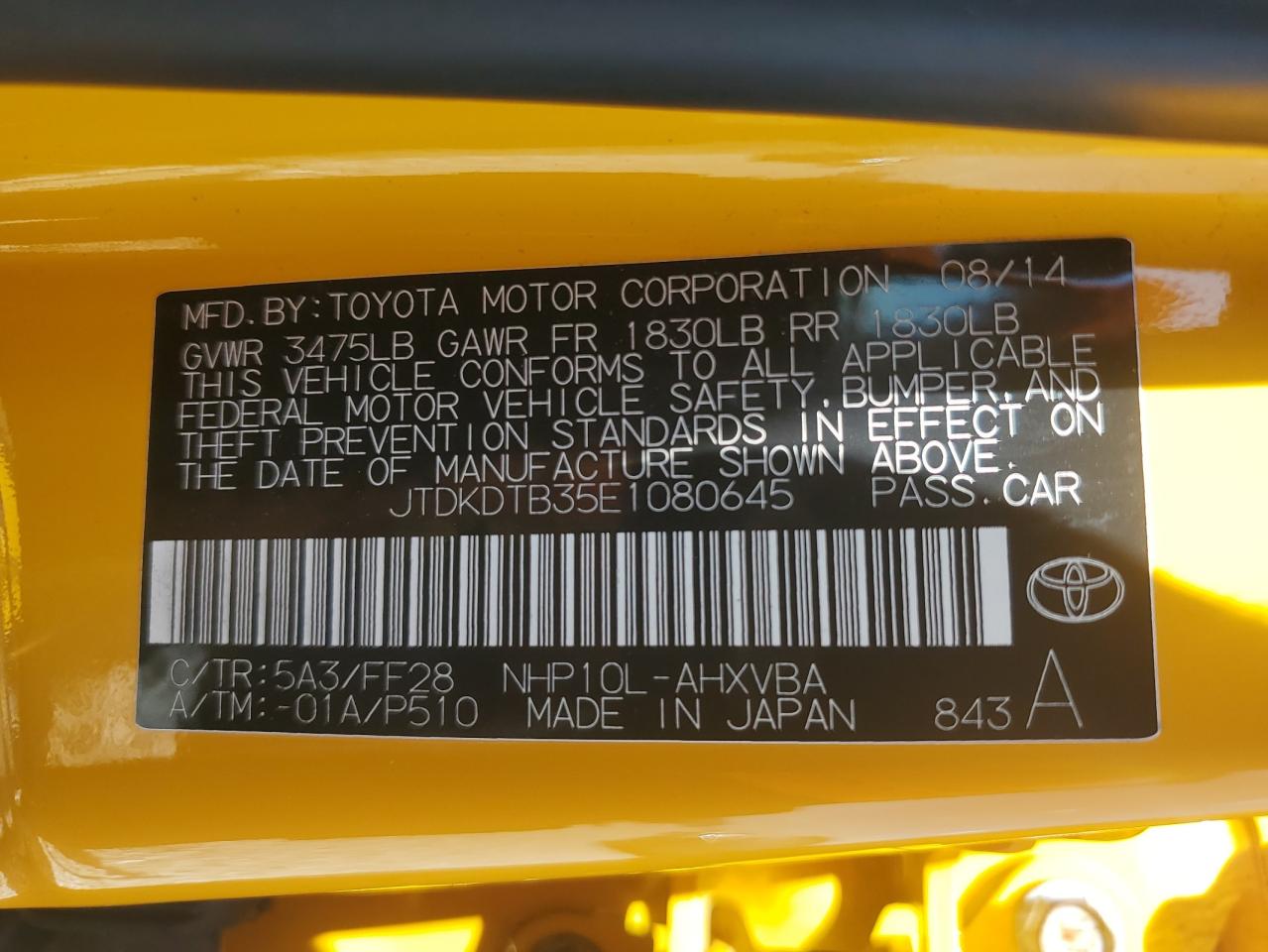 2014 Toyota Prius C VIN: JTDKDTB35E1080645 Lot: 71125895