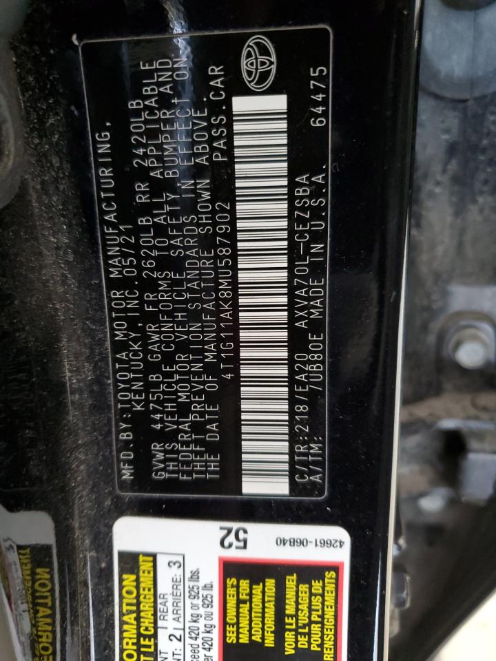 2021 Toyota Camry Se VIN: 4T1G11AK8MU587902 Lot: 69937315