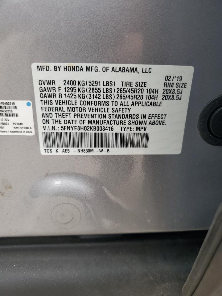 2019 Honda Passport Elite VIN: 5FNYF8H02KB008416 Lot: 69929725