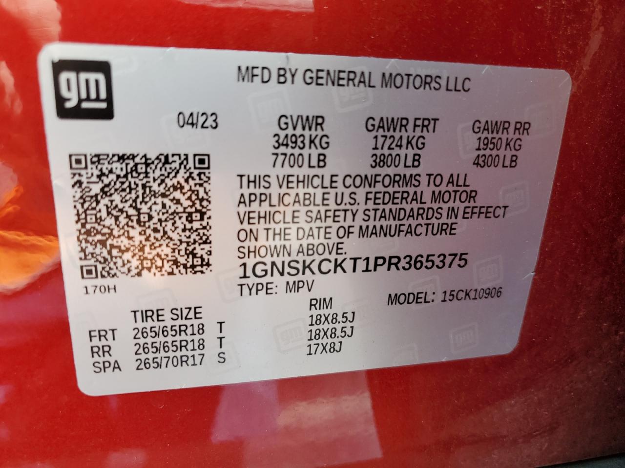 2023 Chevrolet Suburban K1500 Lt VIN: 1GNSKCKT1PR365375 Lot: 70821765