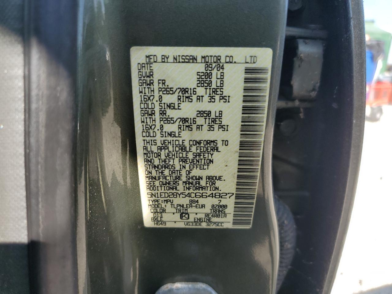 2004 Nissan Xterra Xe VIN: 5N1ED28Y54C664827 Lot: 68030545