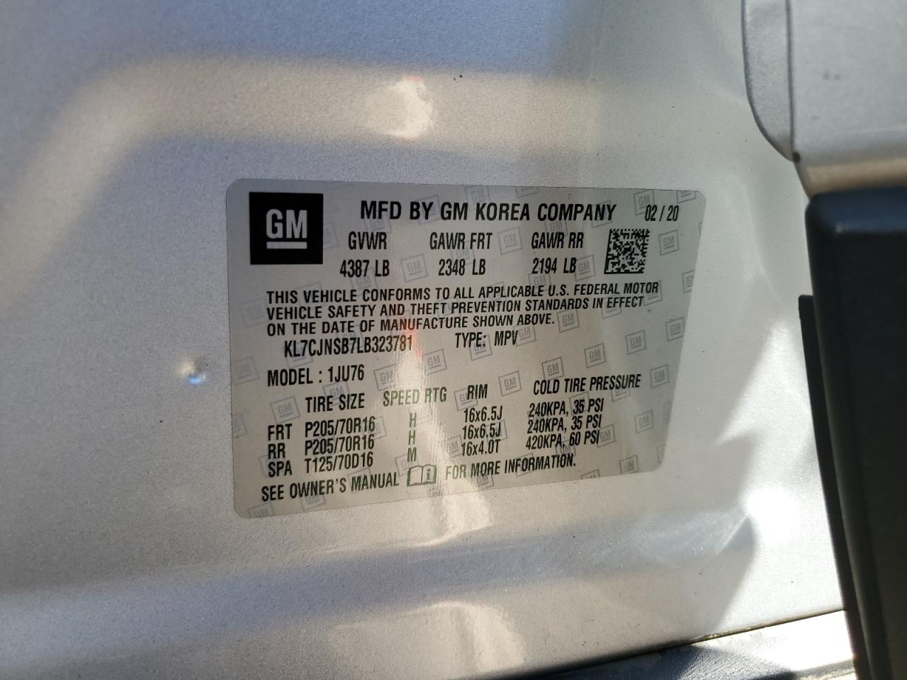 2020 Chevrolet Trax Ls VIN: KL7CJNSB7LB323781 Lot: 70401865