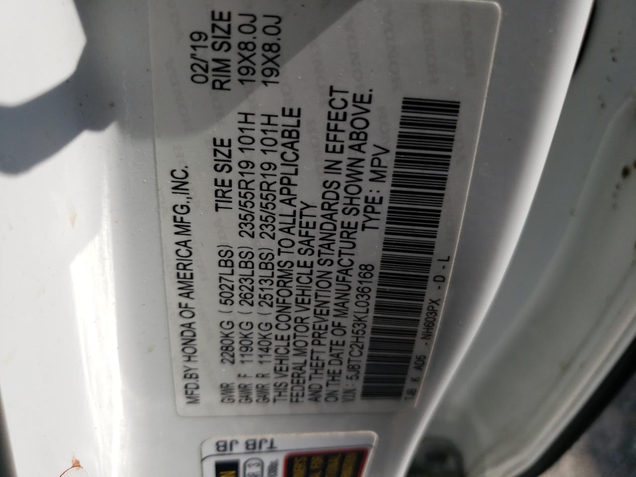 2019 Acura Rdx Technology VIN: 5J8TC2H53KL036168 Lot: 68382905