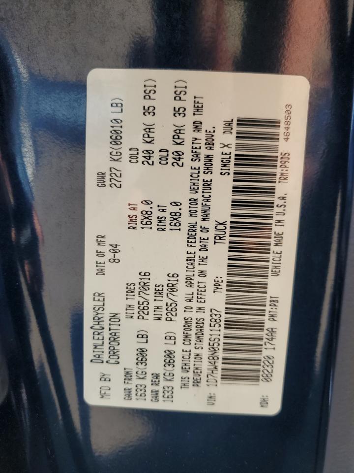 2005 Dodge Dakota Quad Slt VIN: 1D7HW48N05S115837 Lot: 70423865