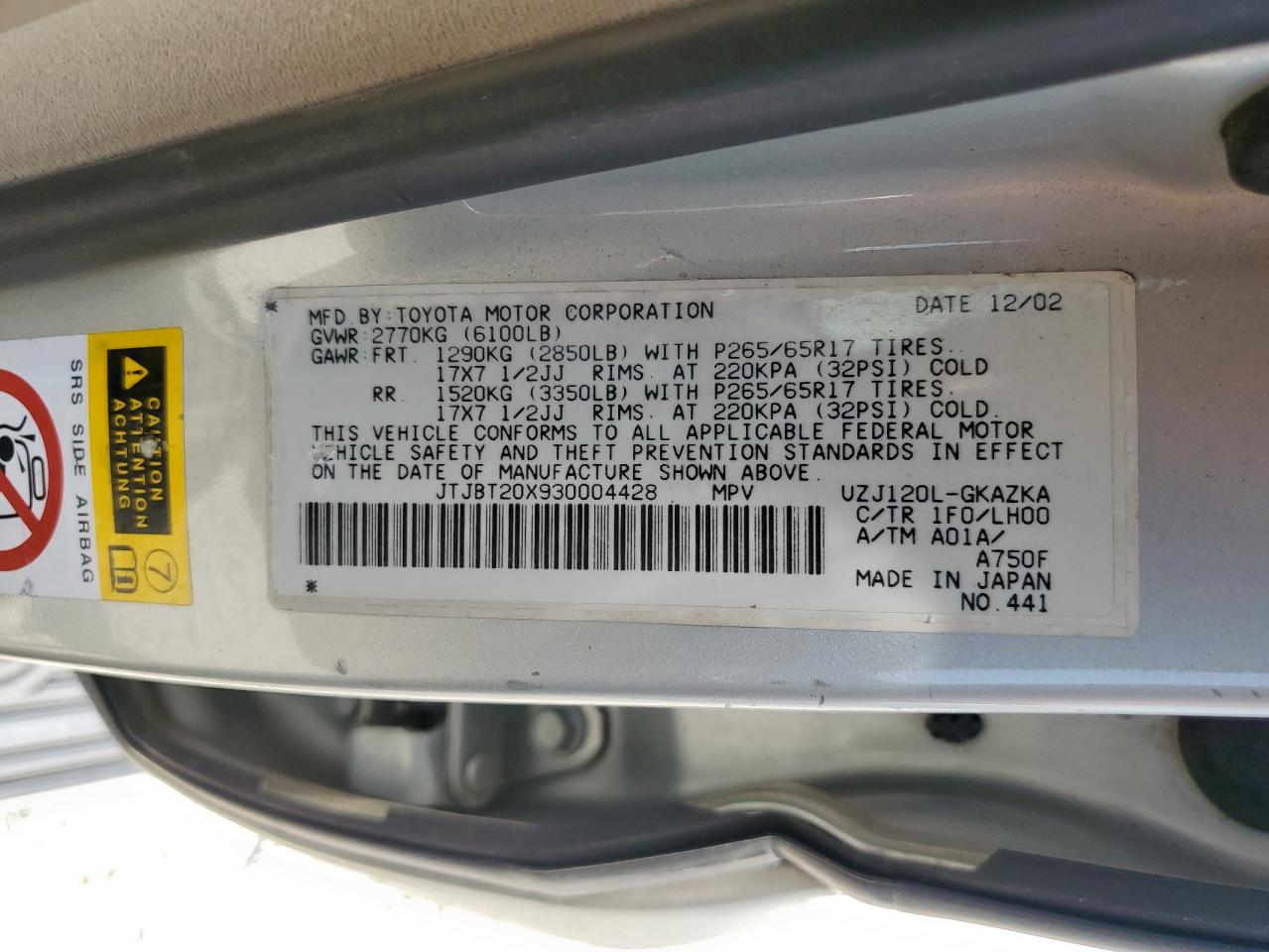 2003 Lexus Gx 470 VIN: JTJBT20X930004428 Lot: 70294925