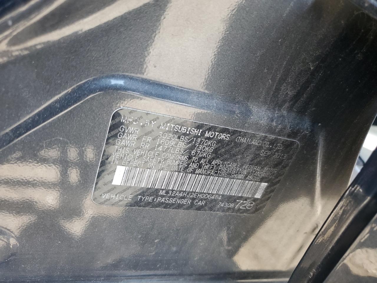 2014 Mitsubishi Mirage Es VIN: ML32A4HJ2EH006484 Lot: 68158015