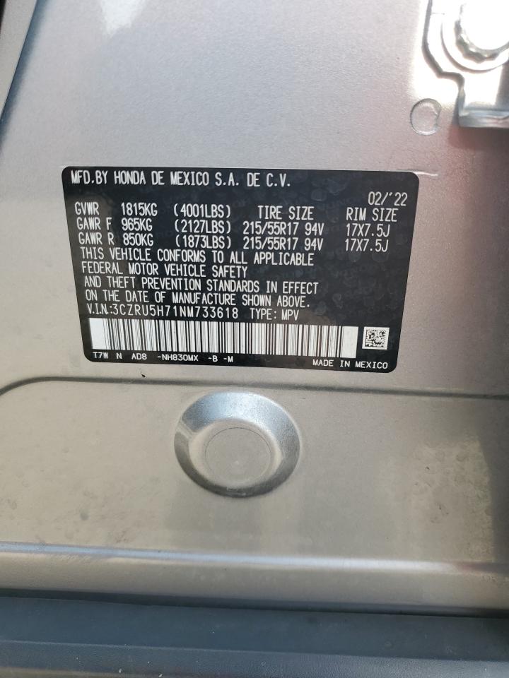 2022 Honda Hr-V Exl VIN: 3CZRU5H71NM733618 Lot: 67261055