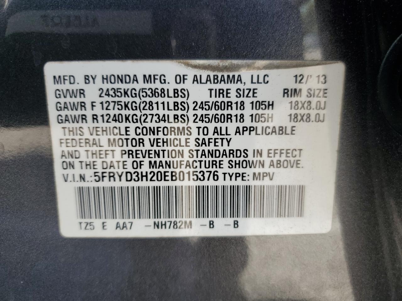 2014 Acura Mdx VIN: 5FRYD3H20EB015376 Lot: 69698305