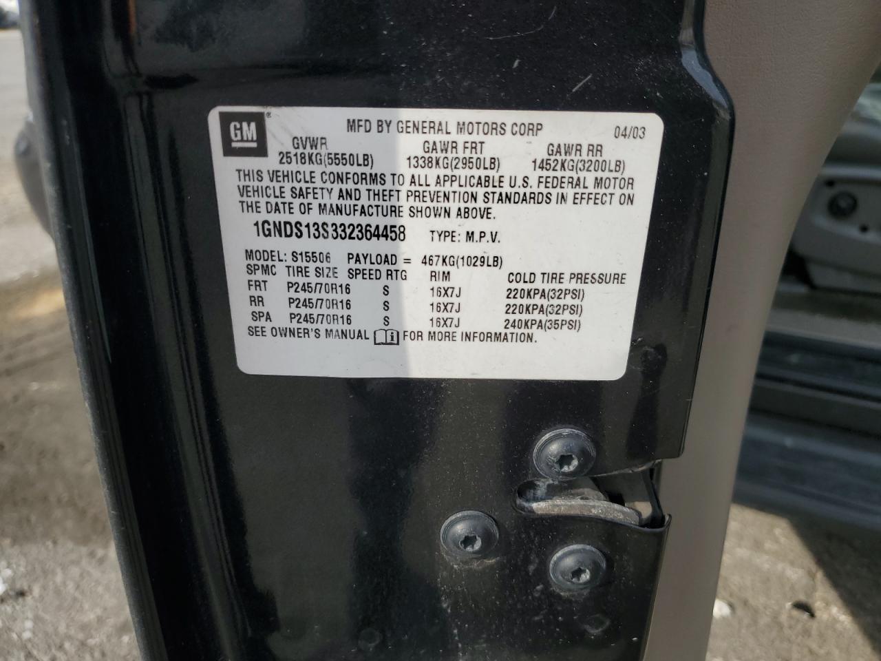 2003 Chevrolet Trailblazer VIN: 1GNDS13S332364458 Lot: 66801395