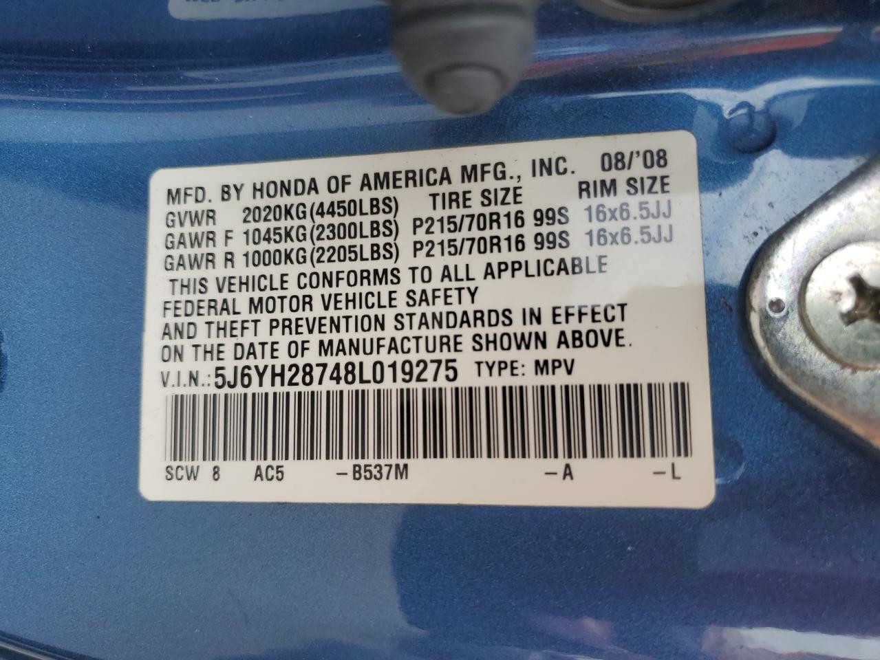 2008 Honda Element Ex VIN: 5J6YH28748L019275 Lot: 68060495