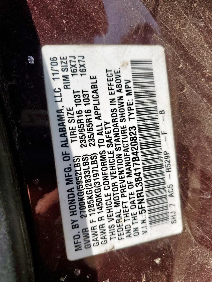 2007 Honda Odyssey Ex VIN: 5FNRL38417B420823 Lot: 67687295