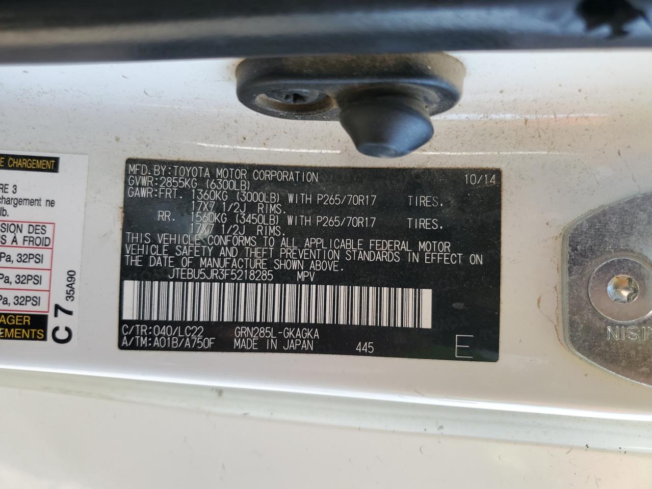 2015 Toyota 4Runner Sr5/Sr5 Premium VIN: JTEBU5JR3F5218285 Lot: 70127335