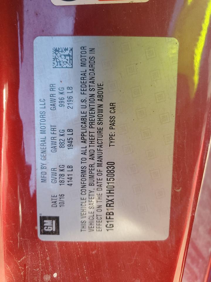 2017 Chevrolet Camaro Lt VIN: 1G1FB1RX1H0150830 Lot: 68662065