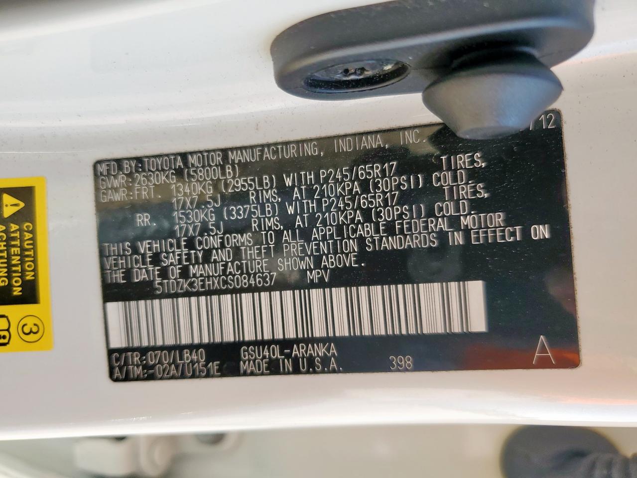 2012 Toyota Highlander Base VIN: 5TDZK3EHXCS084637 Lot: 70377485