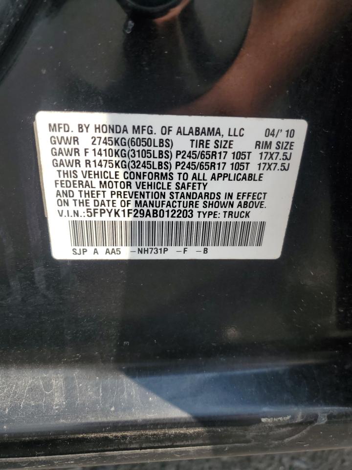2010 Honda Ridgeline Rt VIN: 5FPYK1F29AB012203 Lot: 67736615