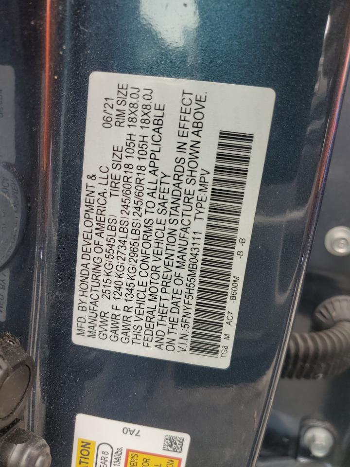 2021 Honda Pilot Exl VIN: 5FNYF5H55MB043111 Lot: 69776395