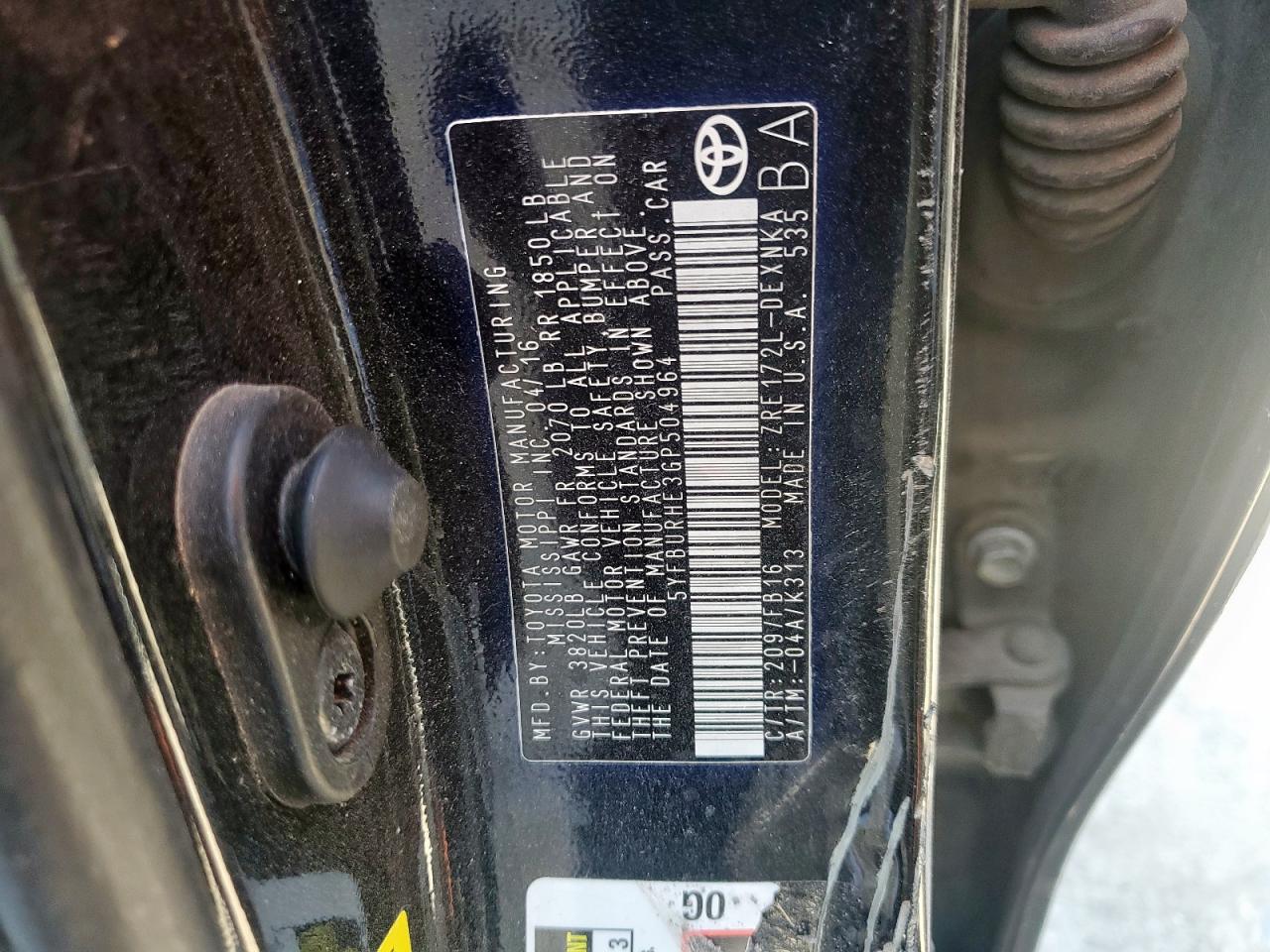 2016 Toyota Corolla L VIN: 5YFBURHE3GP504964 Lot: 68086935