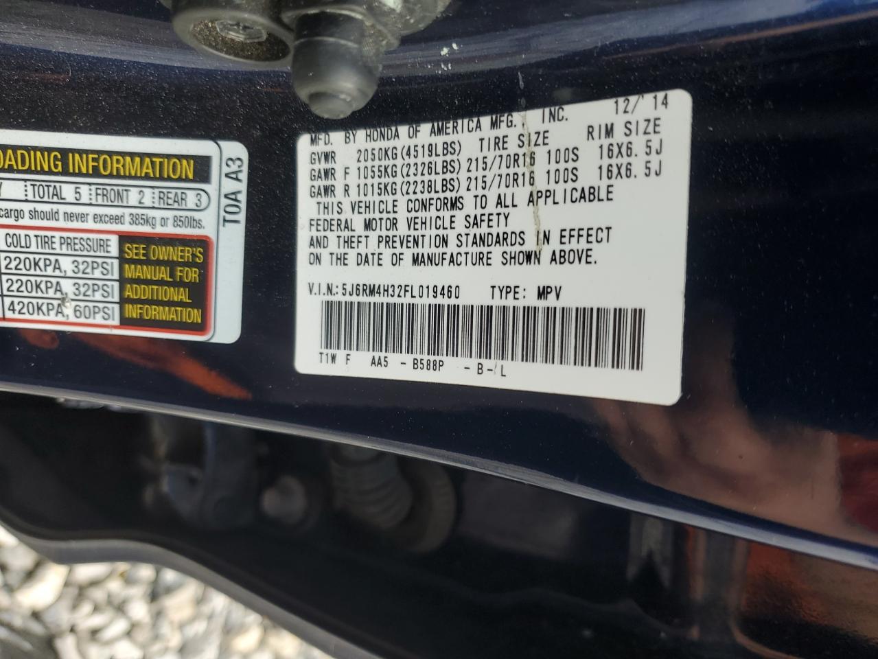 2015 Honda Cr-V Lx VIN: 5J6RM4H32FL019460 Lot: 70363565