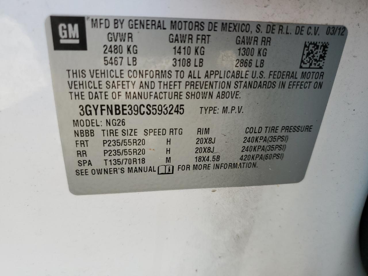 2012 Cadillac Srx Performance Collection VIN: 3GYFNBE39CS593245 Lot: 70204315